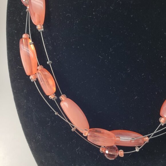 Silver tone Layered illusion Salmon color Beaded Necklace with matching Earrings - Picture 5 of 8